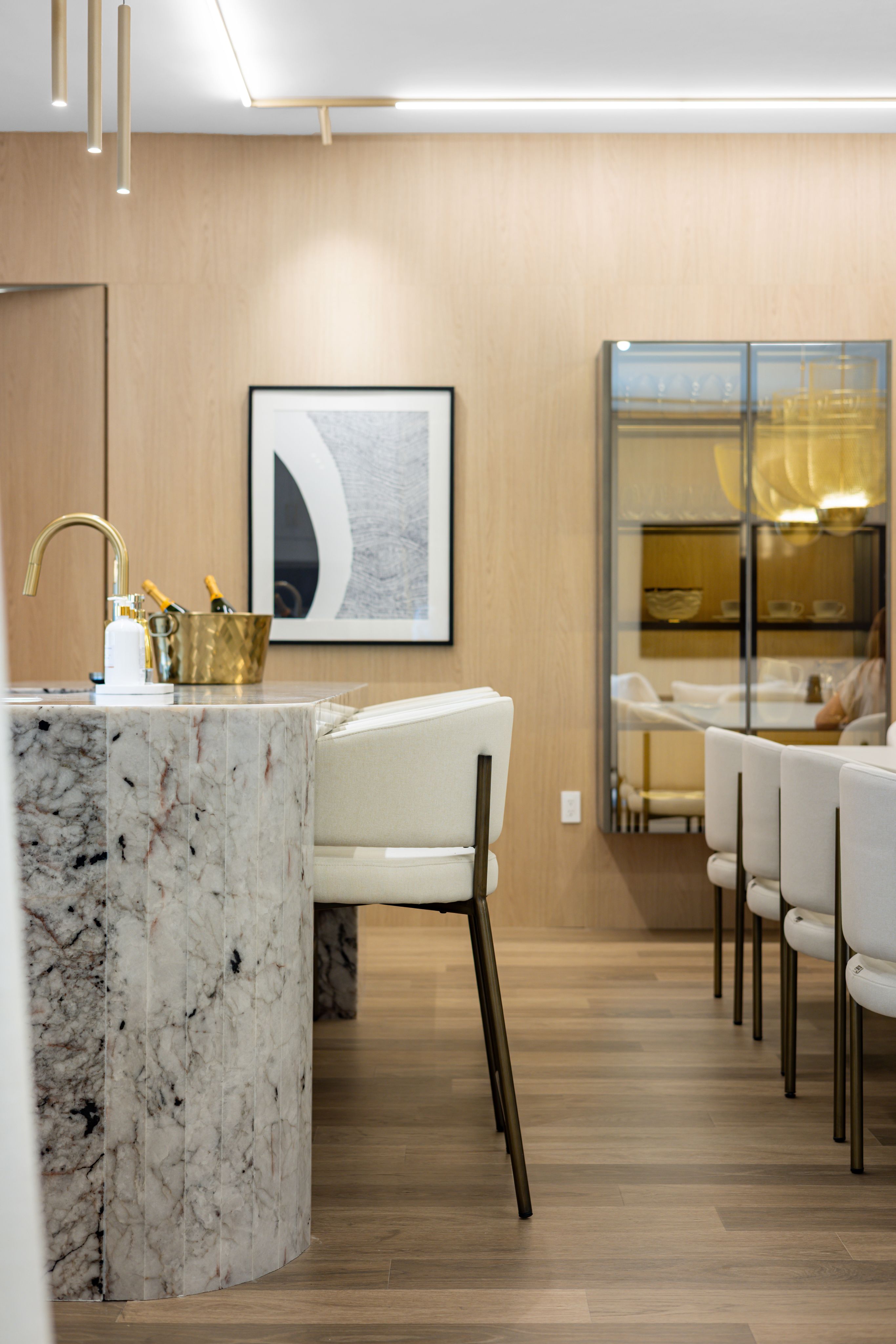 Kitchen island with waterfall marble countertop