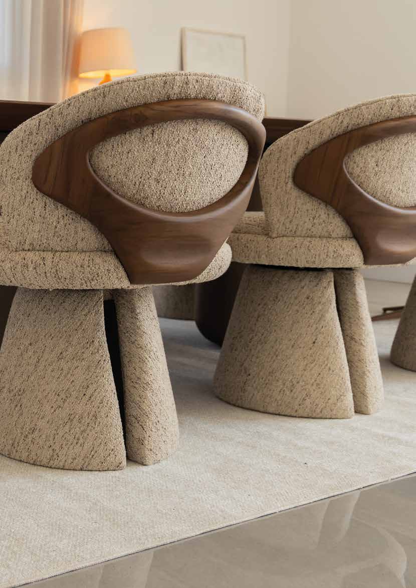 UULTIS sculptural bouclé dining chairs with walnut detail