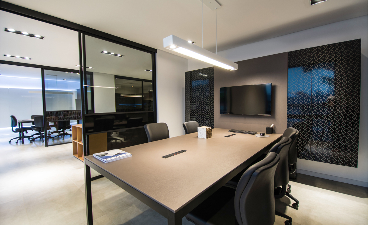 Corporate meeting room with bespoke joinery and integrated AV